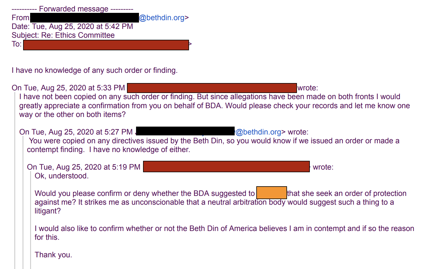 Email correspondence with Administrative Attorney for Beth Din of America denying both of Zaki's claims